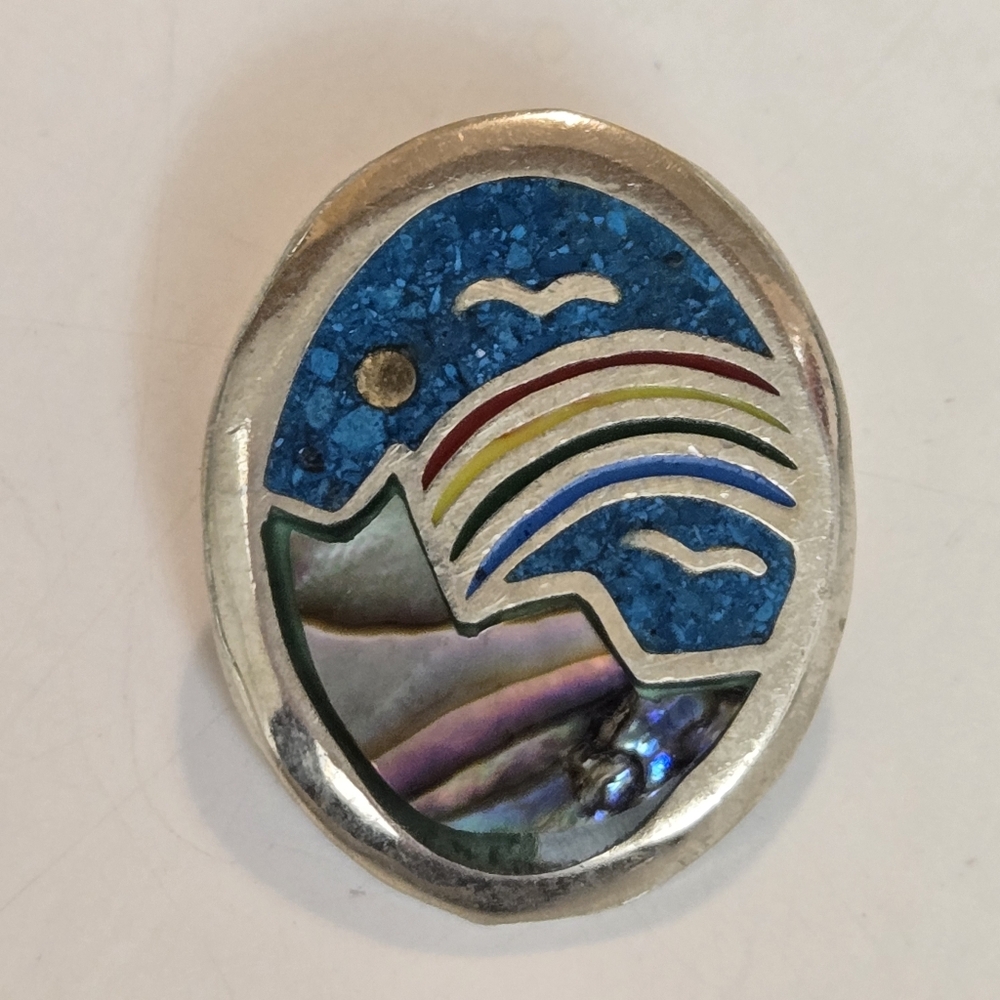 Rainbow Mountain Necklace Vintage Pendant Turquoise Inlaid Abalone Silver